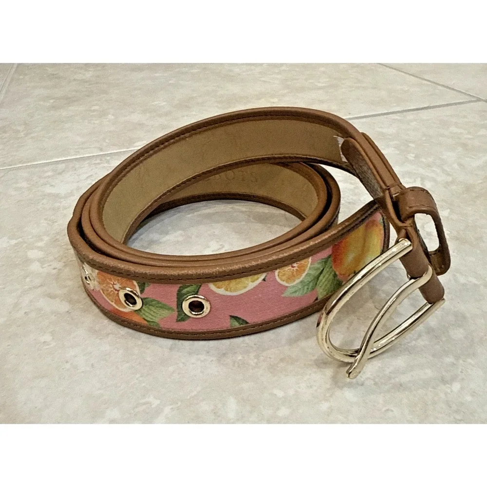 Talbots Pink Belt Orange Fruit Print Leather Trim Gold Tone Buckle Sz L Preppy
